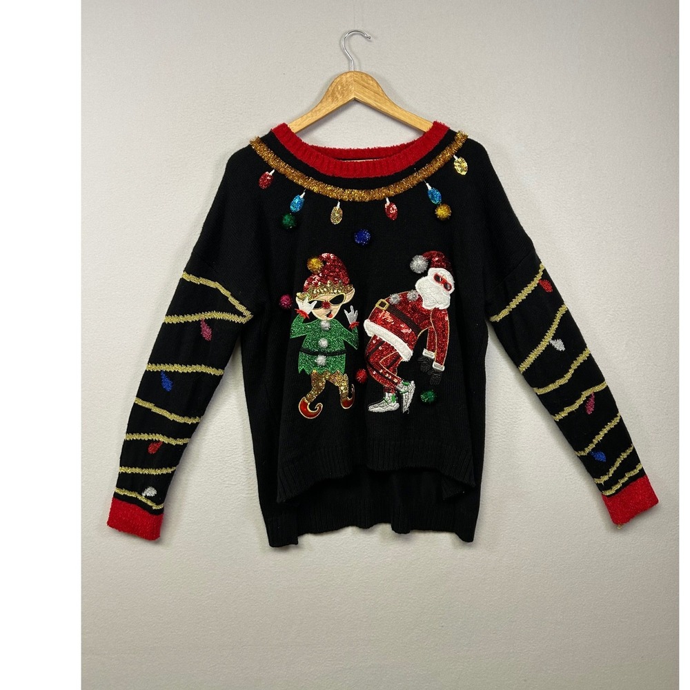 Ugly Christmas Sweater Celebrate Together Womens XXL Black‎ Santa Elf Sequin Pom
